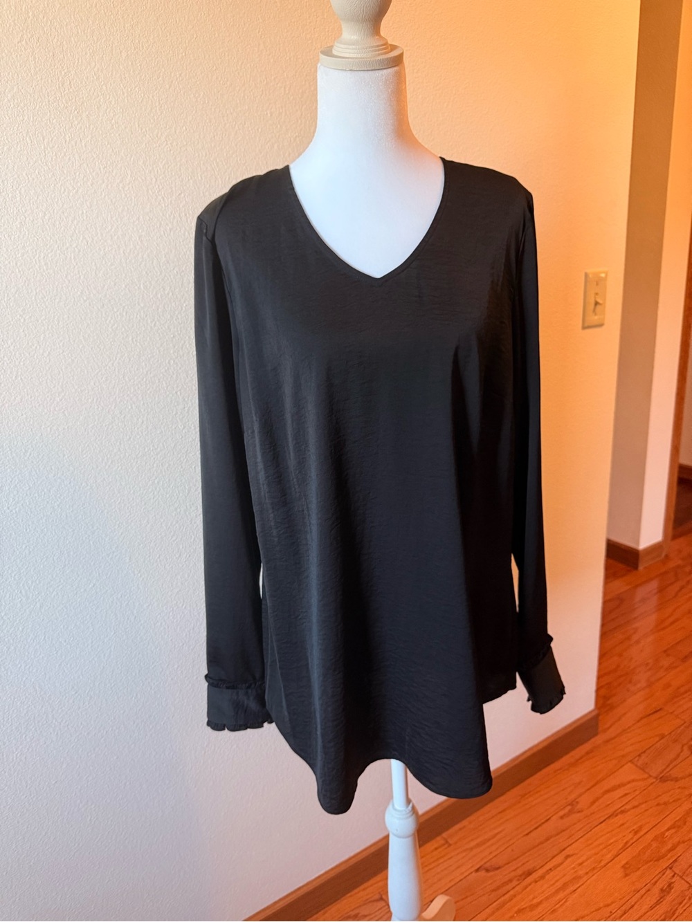CAbi Black V-Neck Long Sleeve Blouse with Cuff Detail